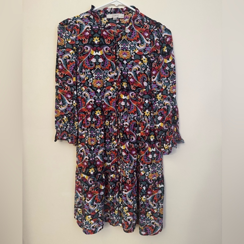 LOFT Floral Paisley Button Front Dress Women’s Medium Petite Boho Viscose